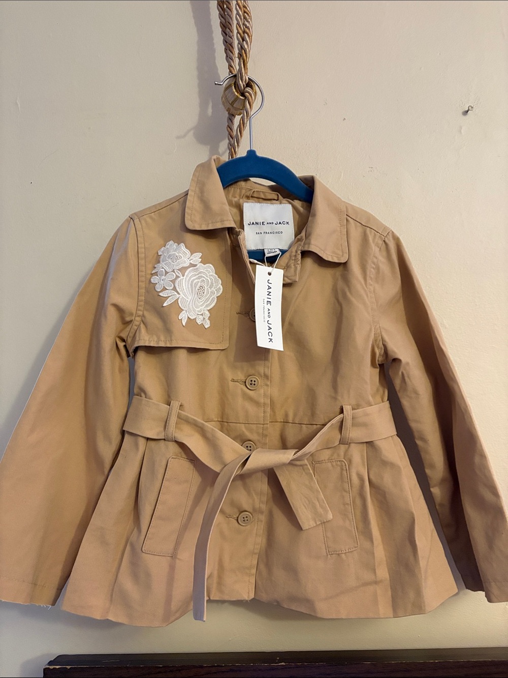 Janie and Jack Tan Pea Coat with White Floral Applique. Cotton